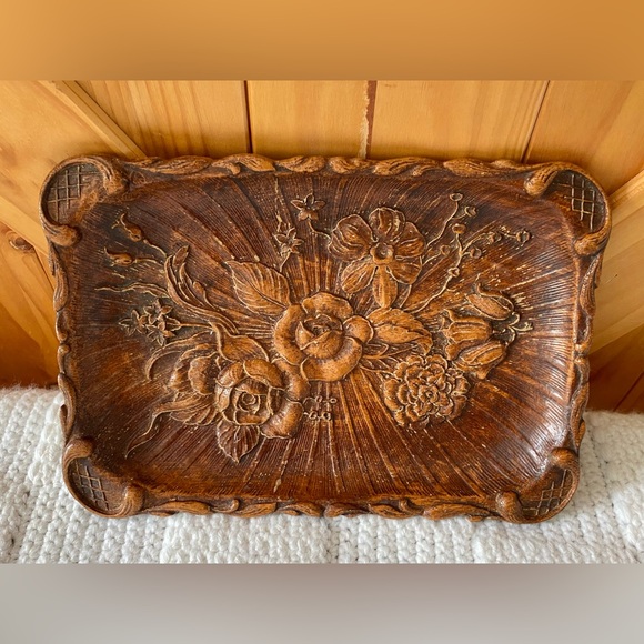 Vintage Resin Faux Wood Carved Floral Dish - Picture 7 of 10